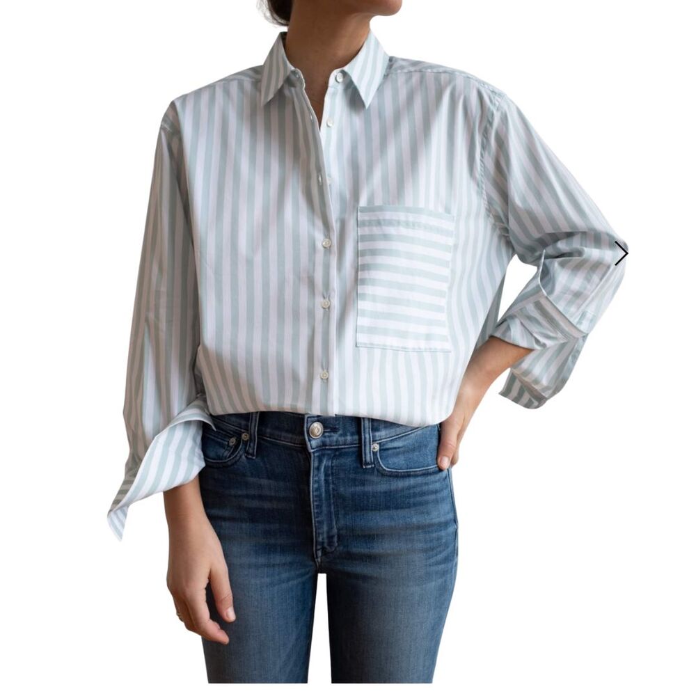 AYR The Deep End Oversized Button Down Shirt Sage Green Stripe Size Small
